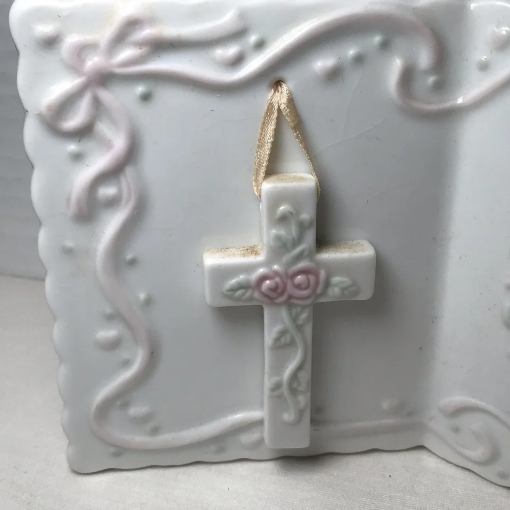 Russ Berrie White Ceramic Frame with Pink Accents and Cross